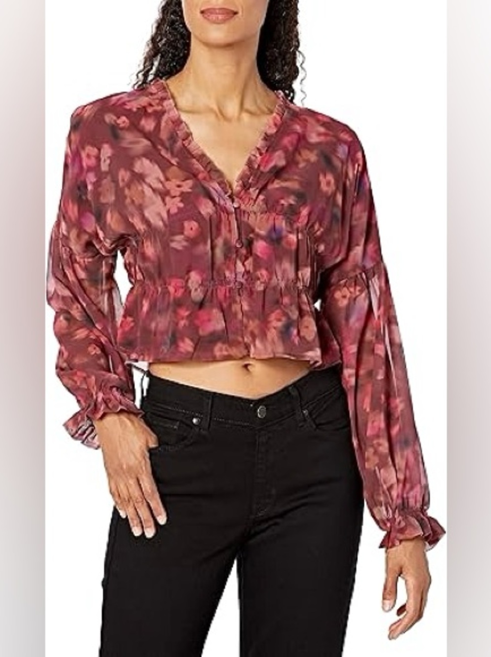 Steve Madden Wine Floral Blouse Button Down Top Feminine Ruffles